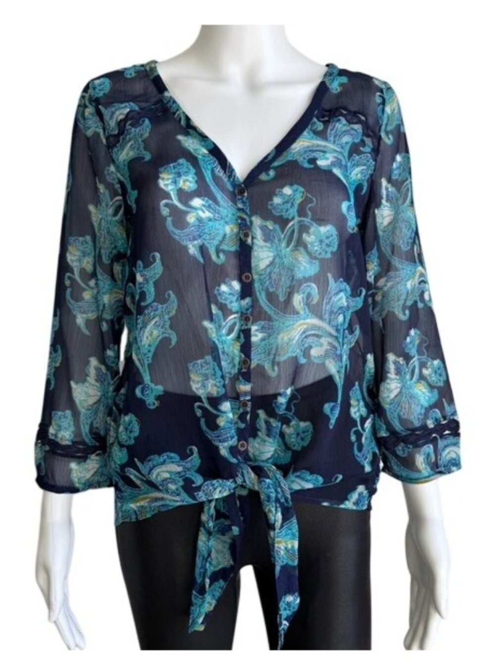 Lucky Brand Sheer Paisley Tie-Front Blouse – Size M